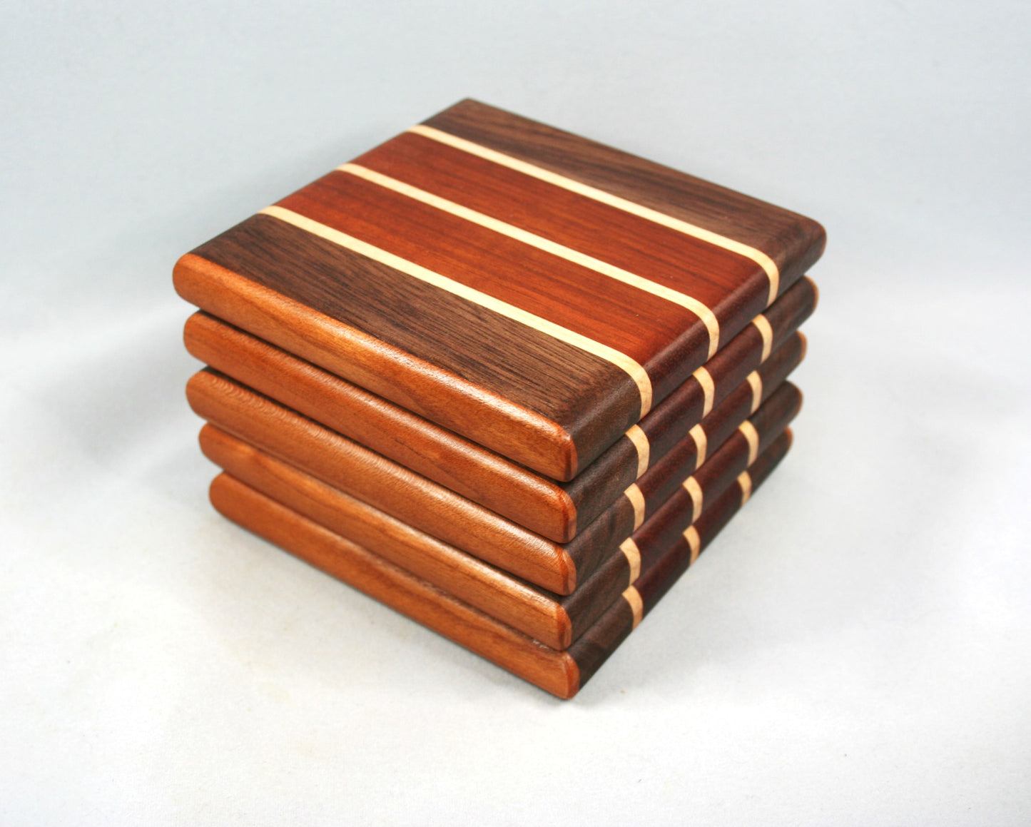 Brazilian cherry, walnut, maple Hardwood Coasters set of 5